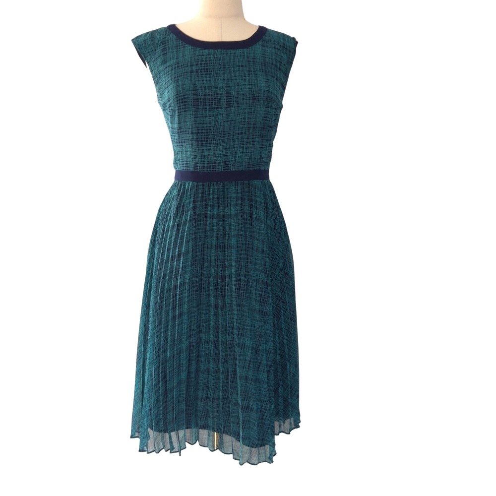 Halogen Fit and Flare Dress Women 6 Teal Blue Grid Print Pleated Midi Sleeveless